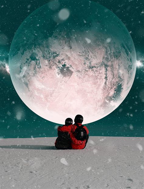 Universe Moon Snow Love Couple Pair Embrace Hd Phone Wallpaper