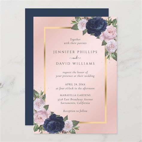 Navy Blue Gold Blush Pink Floral Wedding Invitation Artofit