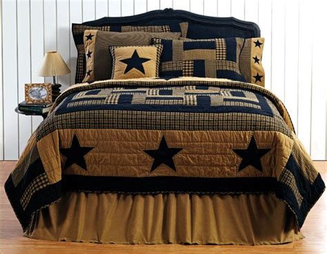 New Primitive Country Folk Art Patchwork Black Tan Star Quilt Queen