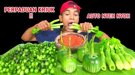 Mukbang Lalapan Batang Pepaya Leunca Terong Sambal Teasi Youtube