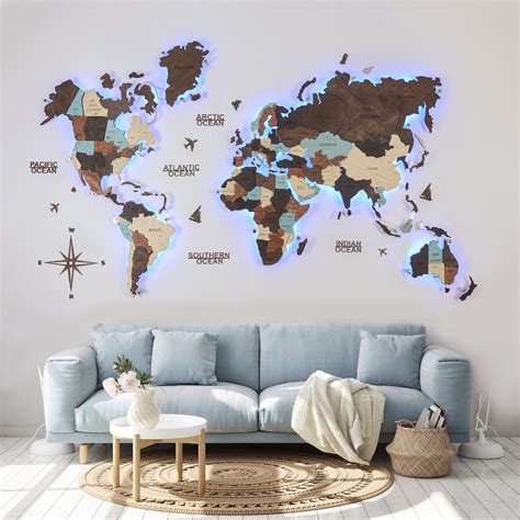 D World Map Led Light Up World Map Large Wall Decor Wood Etsy Australia