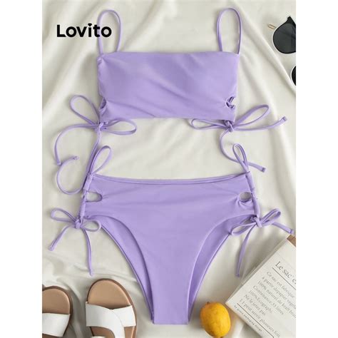Áo bikini Lovito phối dây rút buộc dây màu trơn phong cách sexy cho nữ