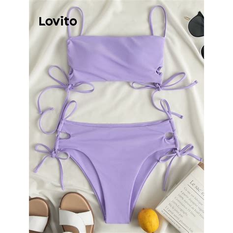 Lovito Sexy Plain Lace Up Drawstring Bikini Tops For Women LNL36161