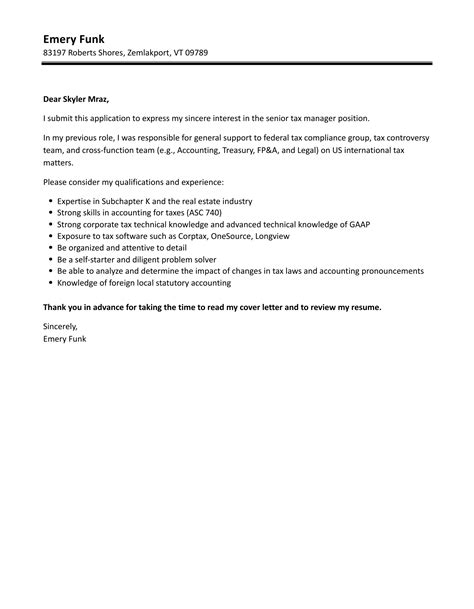 Senior Tax Manager Cover Letter Velvet Jobs