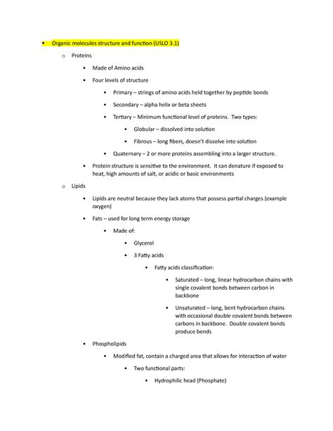 Micro Unit 3 Study Guide Organic Molecules Structure And Function