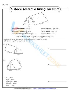 Surface area of a triangular prism | Worksheet Zone