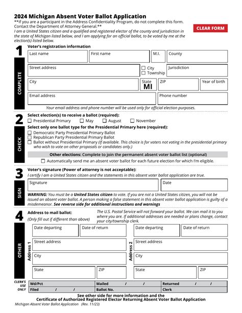 Michigan Michigan Absent Voter Ballot Application Fill Out Sign