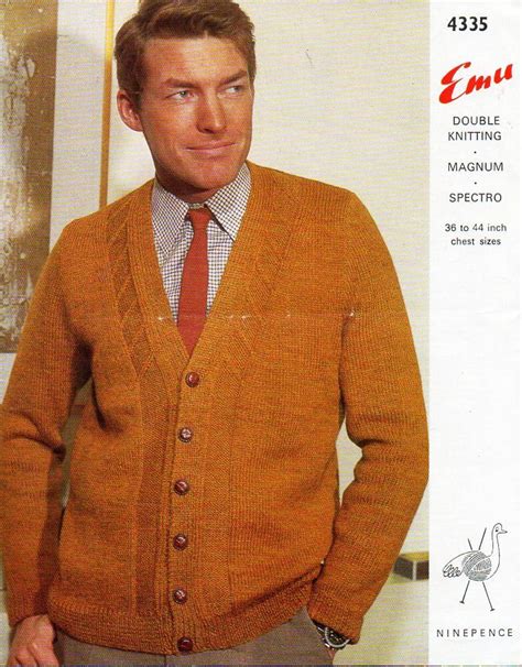 Mens Knitting Pattern Pdf Dk Or Chunky Mens Cardigan V Neck Jacket Vintage 60s 36 44 Dk 8ply