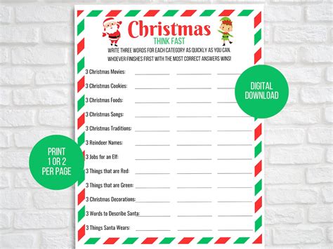 Think Fast Christmas Game Fun Christmas Game Printable Christmas Game