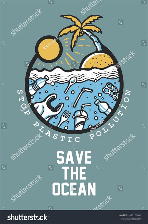 Save Ocean Stop Plastic Pollutionecological Poster Stock Illustration