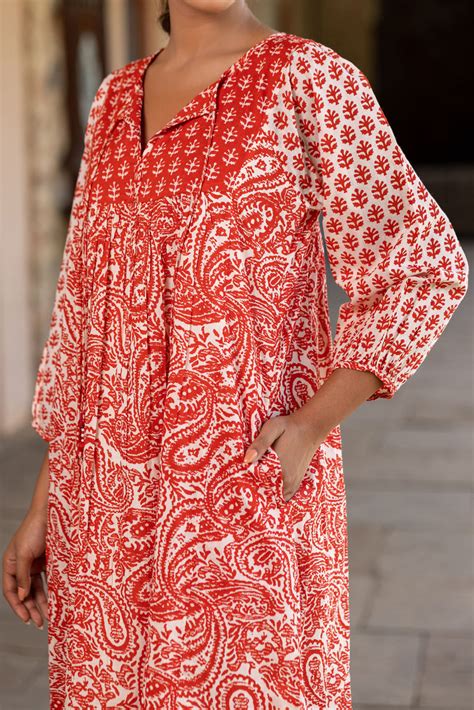 Red Bohemian Dress Cottons Jaipur