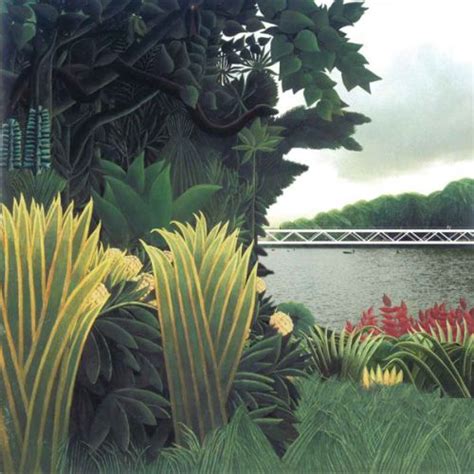 A Painting Of Flowers And Trees By The Water With A Bridge In The