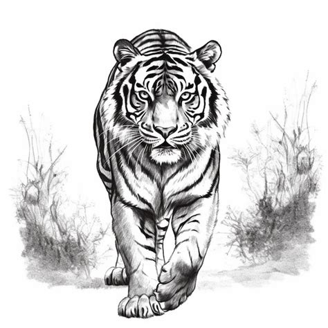 Un Dessin En Noir Et Blanc D Un Tigre Marchant Dans L Herbe Ai