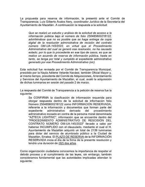 Reserva Gobierno de Mazatlán por dos años rescisión de contrato de