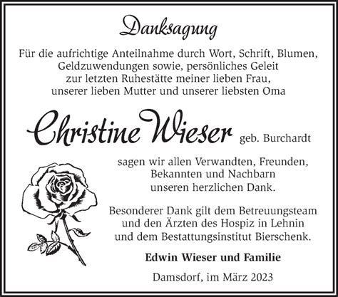 Traueranzeigen Von Christine Wieser M Rkische Onlinezeitung Trauerportal