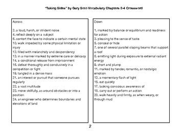 Taking Sides By Gary Soto Vocabulary Chapters Crossword Tpt