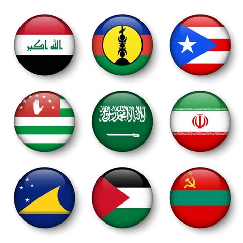 Set Of World Flags Round Badges USA Canada Brazil South Korea