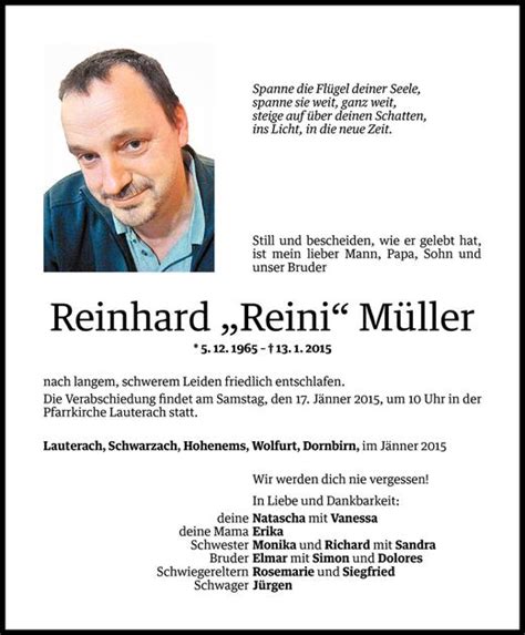 Todesanzeigen von Reinhard Müller Todesanzeigen Vorarlberger Nachrichten