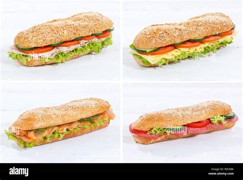 Collection Of Baguette Sub Sandwiches With Salami Ham Cheese Salmon