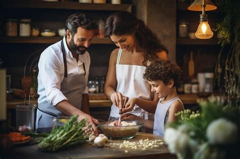 Una Familia Cocinando Juntos En Una Cocina Foto Premium