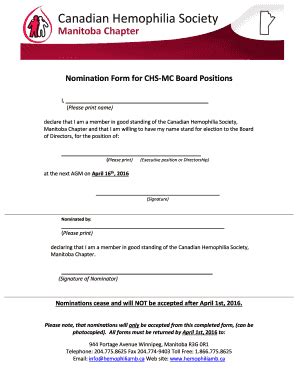 Fillable Online Hemophiliamb Nomination Form For Chs Mc Board Positions