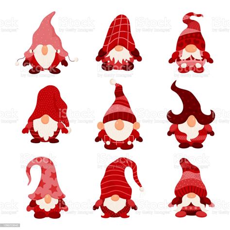 Cute Cartoon Gnomes In Red Individual Hats Set Of Bearded Gnomes Isolated On White Background