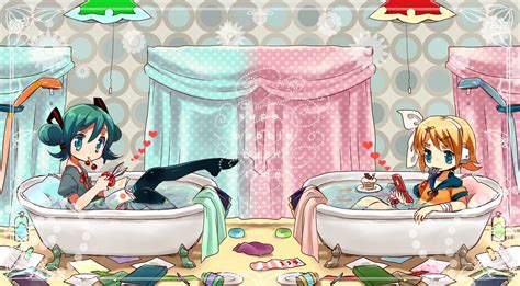 Aqua Hair Bath Bathtub Blonde Hair Blue Eyes Book Bow Cake Cherry Food Fruit Hatsune Miku