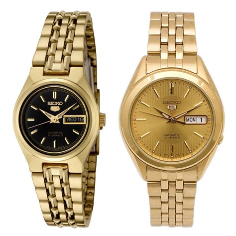 Seiko 5 Classic Goldblack Dial Couples Gold Plated Stainless Steel Watch Set Snkl28k1syma06k1