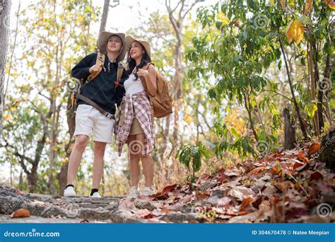 Lovely Couple Lesbian Woman With Backpack Hiking In Nature Loving Lgbt Romantic Moment In