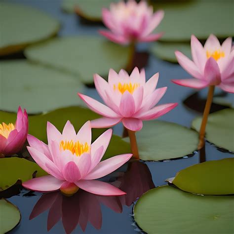 Premium Photo Pink Water Lilies In A Pond With A Reflection Of The