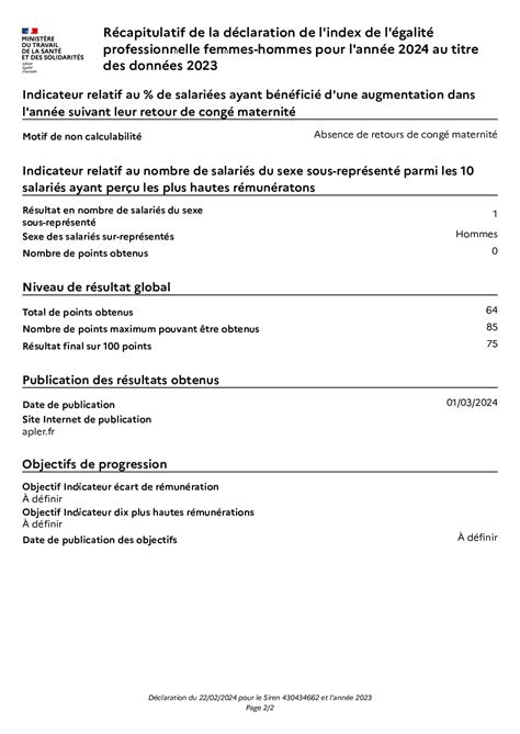 Déclaration de l index de l égalité professionnelle Apler