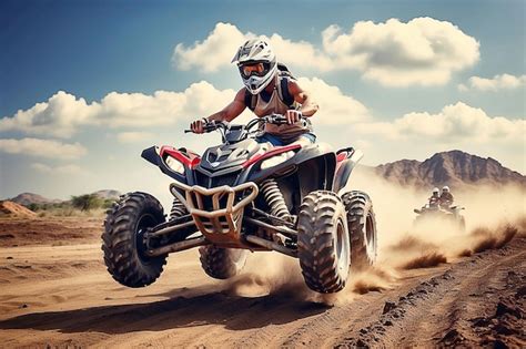 Quad Bike In Dust Cloud Sand Quarry On Background Atv Rider In The