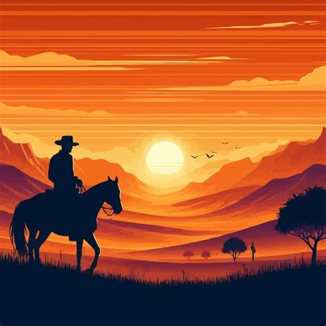 Vetor Livre Oeste Silhueta Do P R Do Sol Paisagem Um Cowboy A