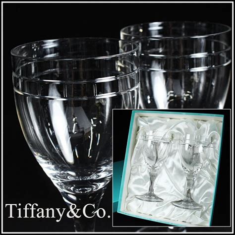 【桑園の】二手真品 高級水晶玻璃 Tiffanyandco 蒂芬妮 經典羅馬字紋 高腳杯 一對 附盒 週日結標 D 12154 Yahoo奇摩拍賣