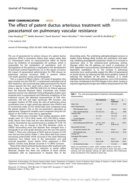 Pdf The Effect Of Patent Ductus Arteriosus Treatment With Paracetamol