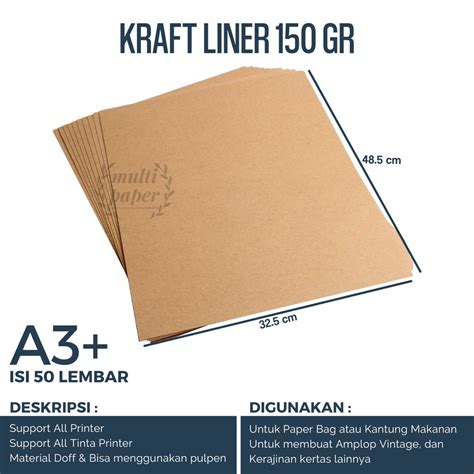 Jual Kertas Paper Bag Lembaran 150 Gsm Kraft Liner A3 Plus Isi 50