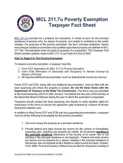 Fillable Online MCL 211 7u Poverty Exemption Taxpayer Fact Sheet Fax