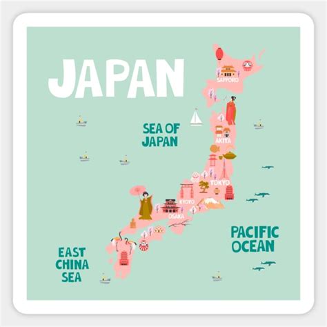 Japan Illustrated Map Japan Sticker Teepublic