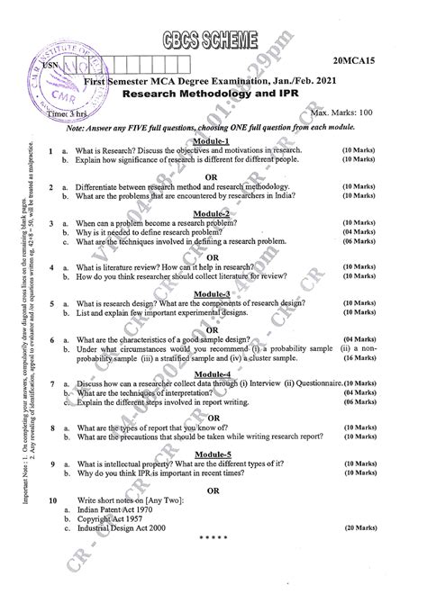 Vtu Question Paper Of 20 Mca 15 Research Methodology And Ipr Jan 2021