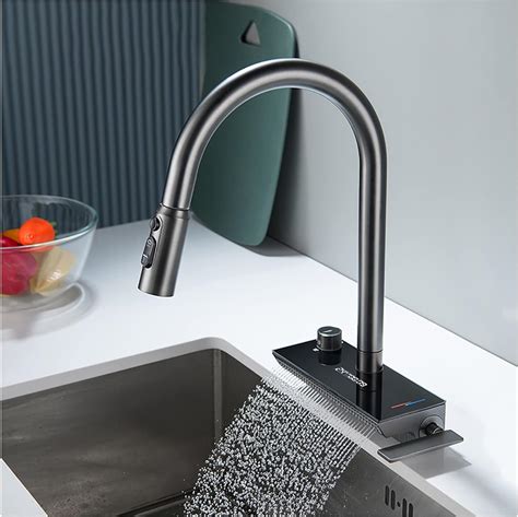 Waterfall Kitchen Faucet With Pull Down Sprayer High Arc Single Handle Kitchen Sink Faucet