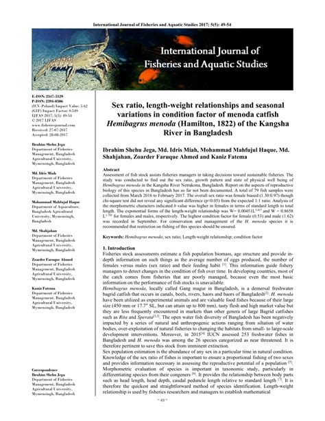 PDF Sex Ratio Length Weight Relationships And Seasonal Variations In