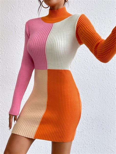 Color Block Mock Neck Sweater Dress Without Belt