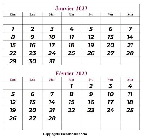 Imprimer Calendrier Janvier Février 2023 2 Mois Calendrier