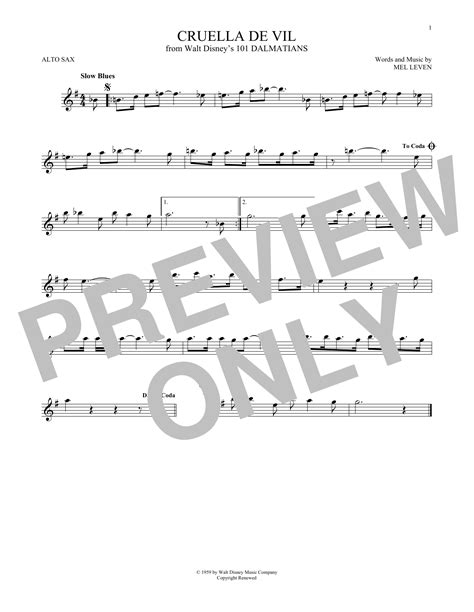 Mel Leven Cruella De Vil From 101 Dalmations Sheet Music