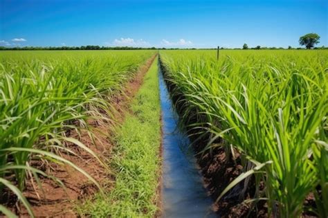 Vista da técnica de irrigação por sulcos em uma plantação de cana de