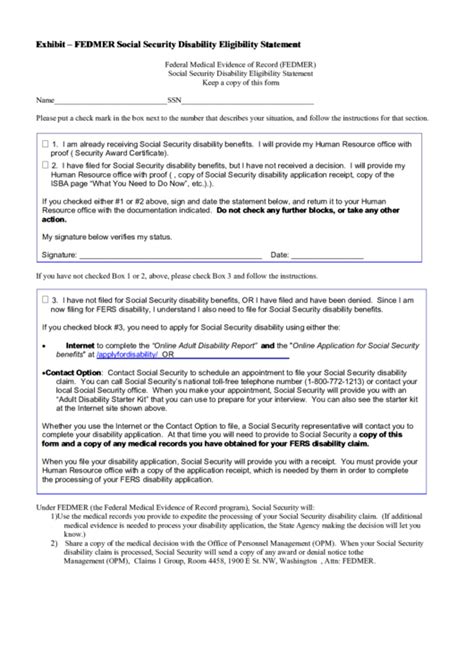 Social Security Disability Eligibility Statement Form - Federal Medical Evidence Of Record ...