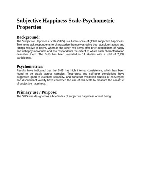 Subjective Happiness Scale Psychometric Properties Pdf