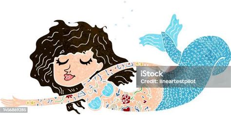 Kartun Putri Duyung Ditutupi Tato Ilustrasi Stok Unduh Gambar