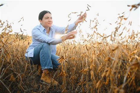 Mujer agricultora o agrónoma examinando plantas de soja en el campo