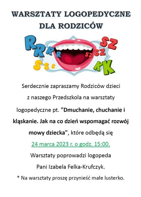 Zaproszenie Rodzic W Na Warsztaty Logopedyczne Przedszkole Nr W